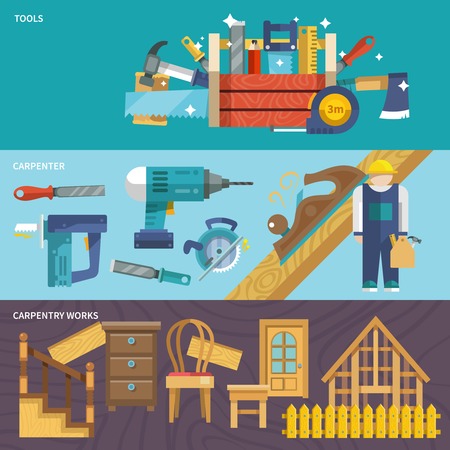 Carpentry works flat banners set with tools carpenter isolated vector illustrationのイラスト素材