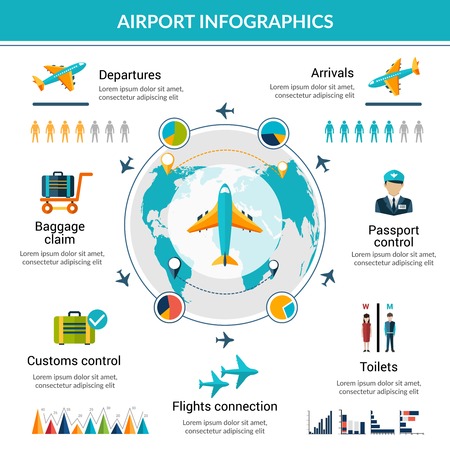 Airport infographic set with security control air vehicle symbols and charts vector illustrationのイラスト素材