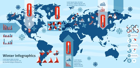Winter holidays symbols infographics set with charts and world map vector illustrationのイラスト素材