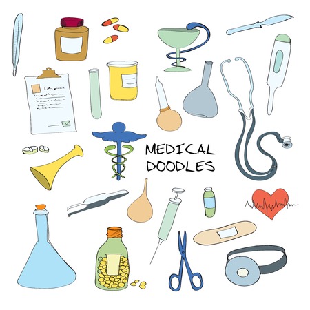 Medical healthcare emblems collection  of snake asclepius symbol stethoscope plaster pills capsules color doodle sketch vector illustrationのイラスト素材