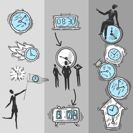 Clock vertical banners set with sketch business people and watch isolated vector illustrationのイラスト素材