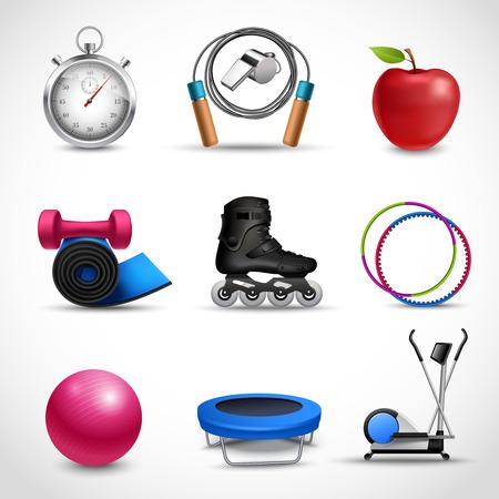 Fitness and sport icons set with stopwatch apple dumbbell isolated vector illustrationのイラスト素材