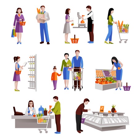 People in supermarket buying grocery products decorative icons set isolated vector illustrationのイラスト素材