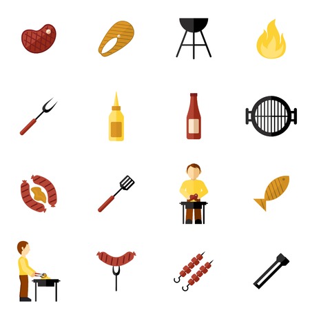 Bbq grill icon flat set with meat and fish steaks and cooking utensil isolated vector illustrationのイラスト素材