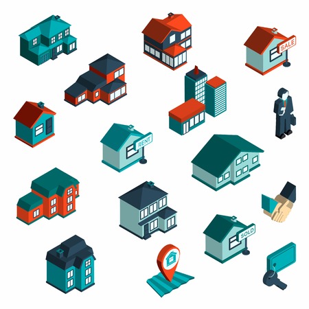 Real estate icon isometric set with houses and commercial buildings 3d isolated vector illustrationのイラスト素材