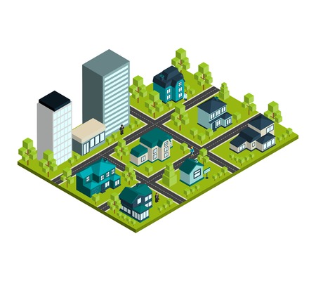 Real estate isometric concept with 3d city district and rental houses vector illustrationのイラスト素材