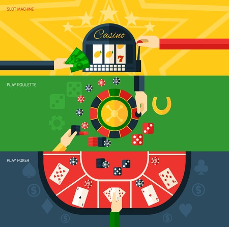 Casino flat horizontal banner set with slot machine play poker and roulette elements isolated vector illustrationのイラスト素材