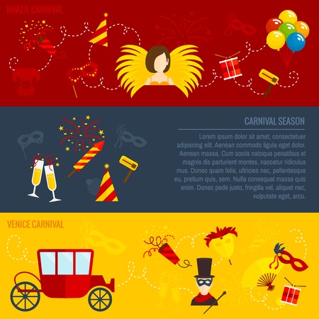 Carnival season venice masquerade costume party flat horizontal banners with brazil festive champagne cocktail celebration vector illustrationのイラスト素材