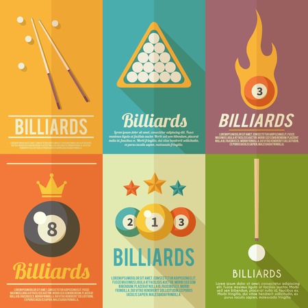 Billiards pool snooker accessories mini poster flat set isolated vector illustrationのイラスト素材