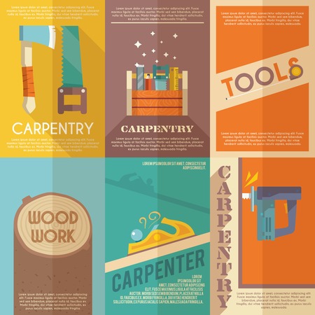 Carpentry mini poster flat set with wood work toolbox isolated vector illustrationのイラスト素材