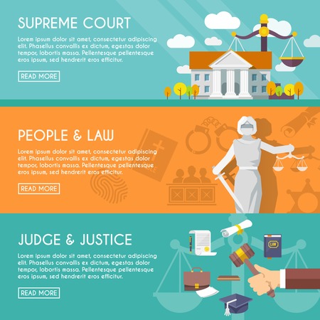 Supreme court judge and blindfolded justice with sword and scales people law flat horizontal banners vector illustrationのイラスト素材