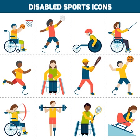 Disabled sports design concept with handicapped people playing football fencing cycling icons set isolated vector illustrationのイラスト素材