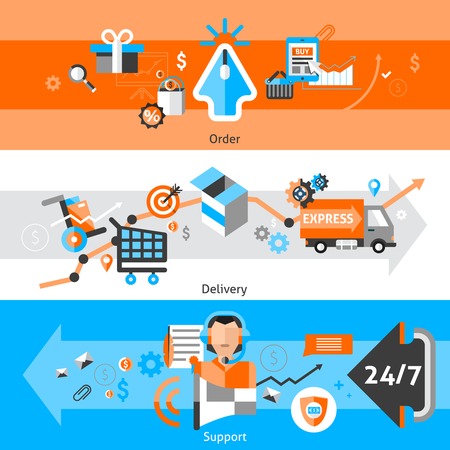 E-commerce flat horizontal banners set with order delivery support elements isolated vector illustrationのイラスト素材