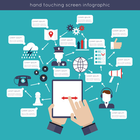 Hand touching tablet screen infographics set with social media icons vector illustrationのイラスト素材