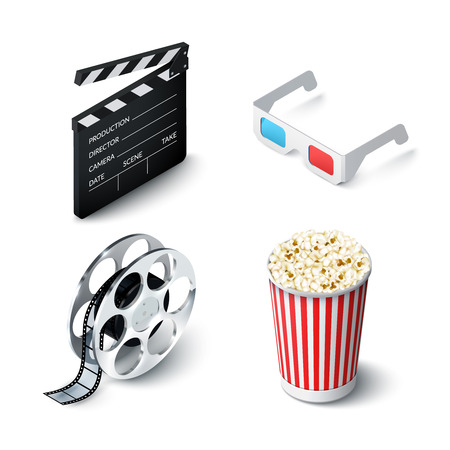 Cinema realistic set with 3d glasses clapperboard filmstrip and popcorn isolated vector illustrationのイラスト素材