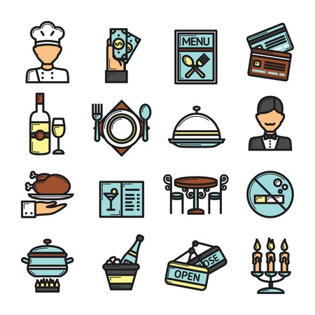 Restaurant icons set with cuisine waiter chef and payment symbols isolated vector illustrationのイラスト素材