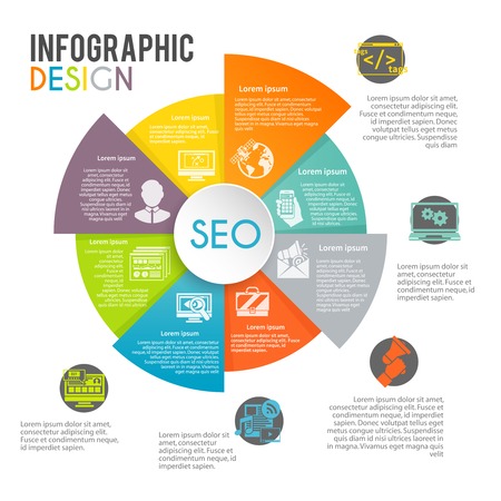 Seo internet marketing infographics set with web search optimization symbols in pie chart vector illustrationのイラスト素材