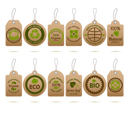 Ecology bio farm fresh products cardboard tags set isolated vector illustrationのイラスト素材