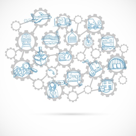 Delivery concept sketch with shipping and distribution icons connected with gears vector illustrationのイラスト素材