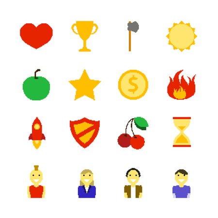 Retro 8-bit games color icons set with trophy symbols and character avatars isolated vector illustrationのイラスト素材
