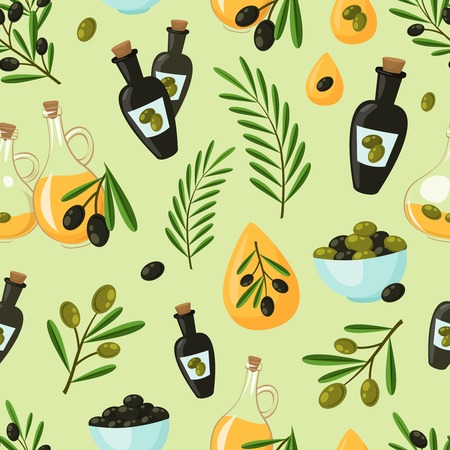 Natural olive seamless pattern with oil drops bottles and tree branches vector illustrationのイラスト素材