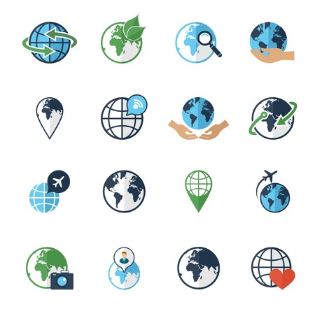 Global earth environment friendly transportation round world map flight symbols flat icons set abstract isolated vector illustrationのイラスト素材