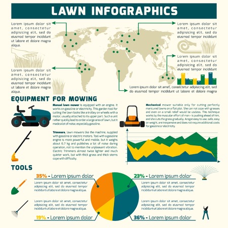 Lawn infographic set with mowing equipment and tools symbols and charts vector illustrationのイラスト素材