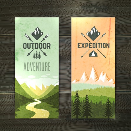Tourism hiking holidays forest landscape with mountain peaks and two vertical banners set abstract isolated vector illustrationのイラスト素材