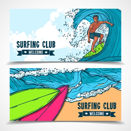 Tropical holidays vacation surfing club horizontal banners set with ocean waves board rider abstract isolated vector illustrationのイラスト素材