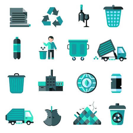 Garbage icons set with recycling symbol bulldozer trash basket isolated vector illustrationのイラスト素材