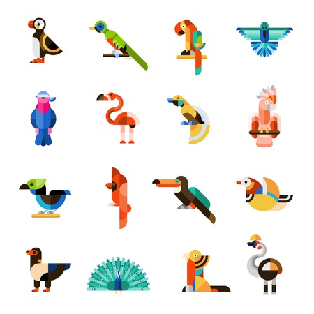 Colored jungle wild forest exotic birds icons set isolated vector illustrationのイラスト素材