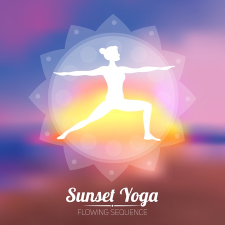 Yoga poster with girl figure in workout pose and sunset on a background vector illustrationのイラスト素材