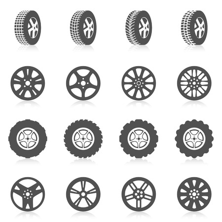 Tire car auto montage service black silhouette icons set isolated vector illustrationのイラスト素材