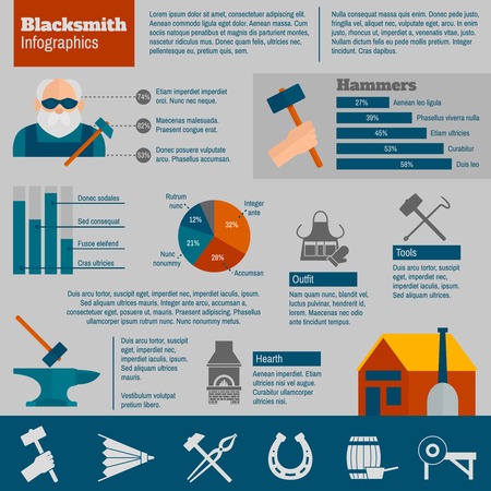 Blacksmith infographics set with metalwork equipment supplies and charts vector illustrationのイラスト素材