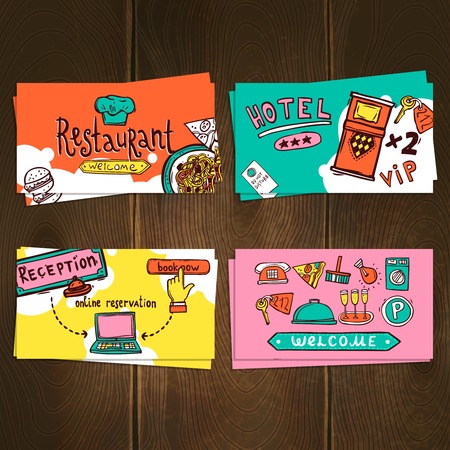 Hotel reservation restaurant room services business cards set hand drawn isolated on wooden background vector illustrationのイラスト素材