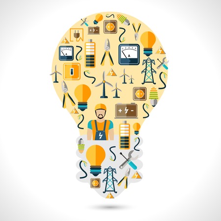Electricity concept with energy and power generation symbols in lightbulb shape flat vector illustrationのイラスト素材