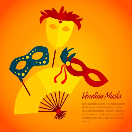 Carnival venetians paper machee  festive masks with hand fan party flat poster placard print abstract vector illustrationのイラスト素材