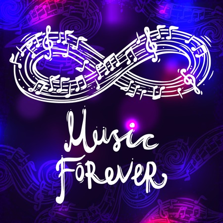 Abstract sketch musical poster with music forever text on dark background vector illustrationのイラスト素材