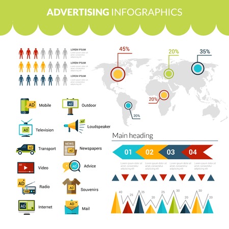 Advertising infographics set with marketing strategy symbols charts and world map vector illustrationのイラスト素材