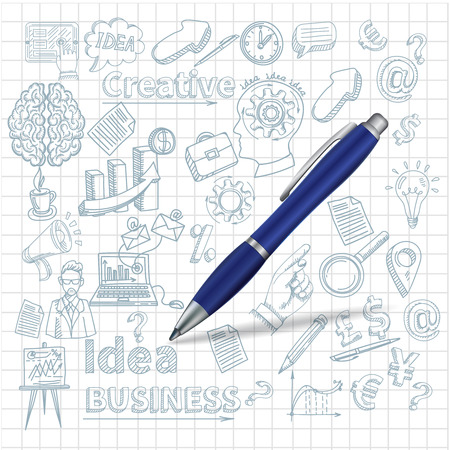 Creative poster with pen and sketch business and creativity symbols on squared background vector illustrationのイラスト素材