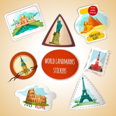 World landmarks paper stickers set with liberty statue pisa tower pyramids isolated vector illustrationのイラスト素材