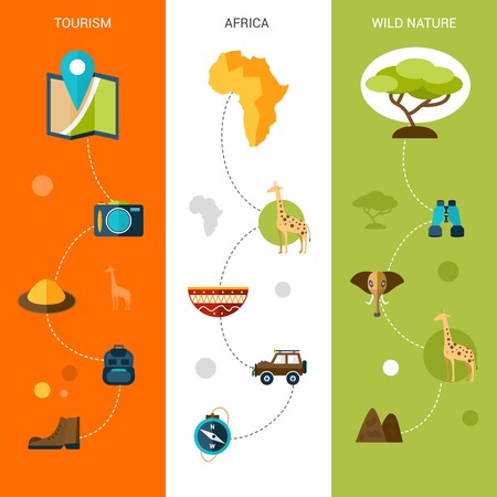 Safari vertical banners set with africa tourism and wild nature flat elements isolated vector illustrationのイラスト素材