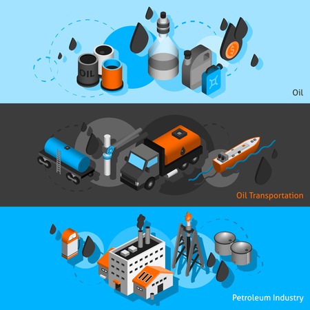 Petroleum industry isometric horizontal banners set with oil transportation elements isolated vector illustrationのイラスト素材