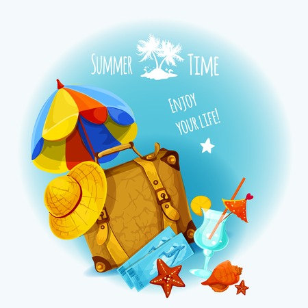 Summer vacation background with travel suitcase umbrella and hat vector illustrationのイラスト素材