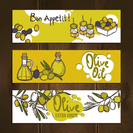 Olive vegetable and oil hand drawn horizontal banners set isolated vector illustrationのイラスト素材