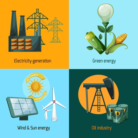 Energy design concept set with electricity generation green wind and sun oil industry icons isolated vector illustrationのイラスト素材