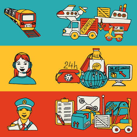 The best logistic service concept flat horizontal banners set of cargo ship color abstract isolated vector illustrationのイラスト素材