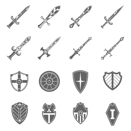 Medieval crusader heraldic battle shields and historic  templar knights long steel swords black abstract isolated vector illustrationのイラスト素材