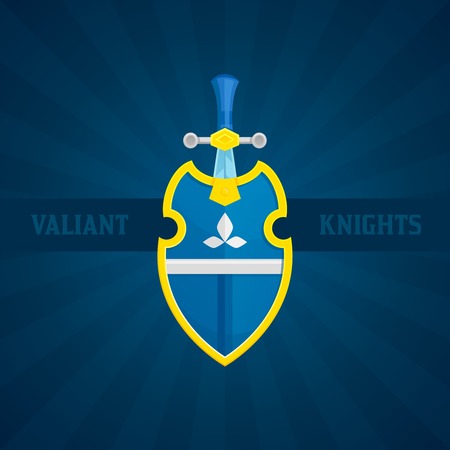 Antique medieval steel sword and shield icon with valiant knights text flat vector illustrationのイラスト素材