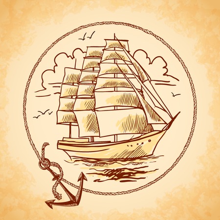 Sailing tall ship old wooden metal vessel nautical emblem with rope frame and anchor vector illustrationのイラスト素材